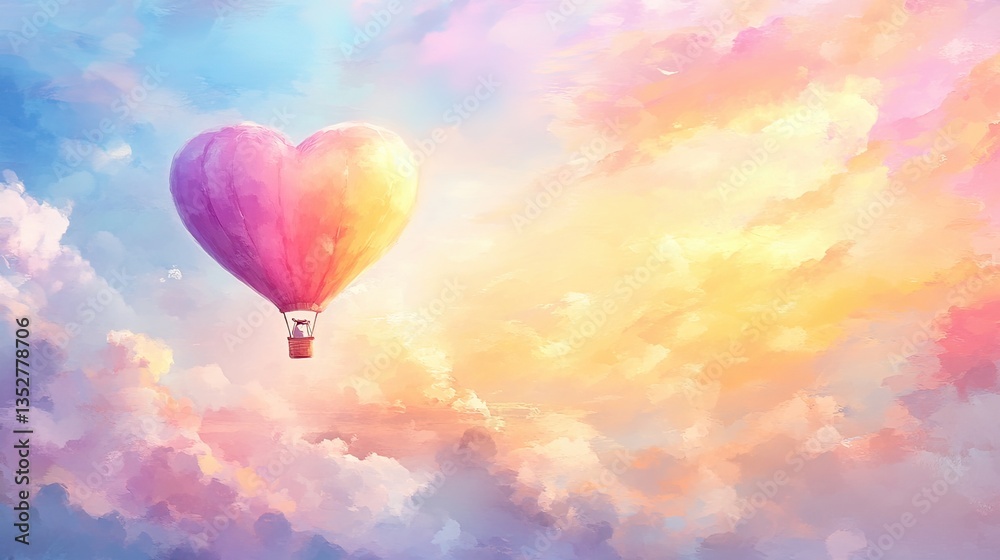 Fototapeta premium Heart-shaped hot air balloon floating above colorful clouds at sunset