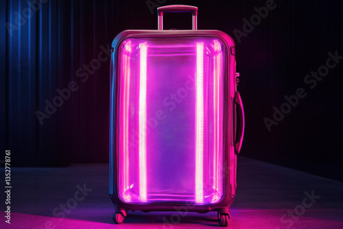 Transparent suitcase illuminated with pink neon lights in dark room