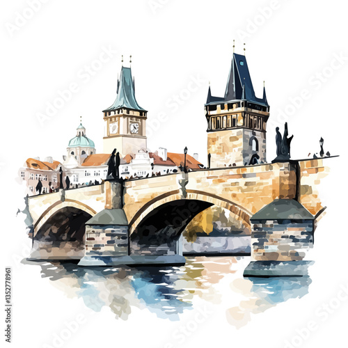 A watercolor vector painting of the Charles Bridge, isolated on a white background. Charles Bridge vector.

