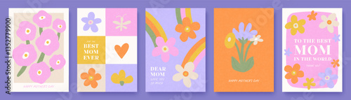 Mother's Day greeting cards collection. Set of templates with cute hand-drawn floral arrangements and other design elements. Trendy modern flat style. Vector illustration