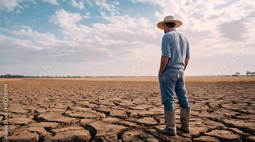 Australian farmer looking over cracked dry land during drought  

