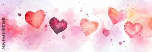 Valentine's Day watercolor abstract hearts background banner, delightful boho illustration, artistic doodle. Panoramic web header with copy space. Wide screen wallpaper