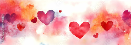 Valentine's Day watercolor abstract hearts background banner, delightful boho illustration, artistic doodle. Panoramic web header with copy space. Wide screen wallpaper