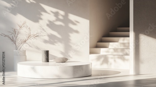Minimalist Interior Showcase with Marble Pedestal. Sunlight and Shadows.  Possible Use Product Presentation