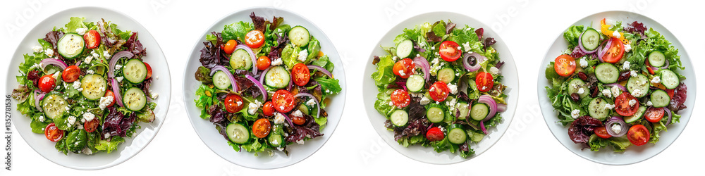 Four salad plates featuring leafy greens tomatoes cucumbers red onion and cheese crumbles. Four salad plates featuring leafy greens tomatoes cucumbers red onion and cheese crumbles.