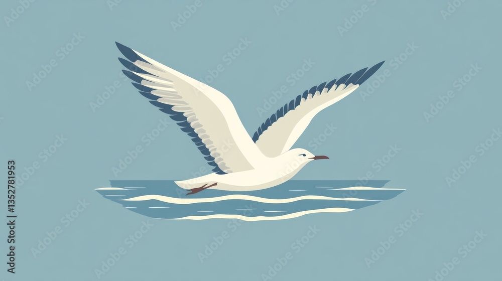 Obraz premium Seagull in Flight Over Calm Waters Illustration of a Bird Soaring with Extended Wings Nature