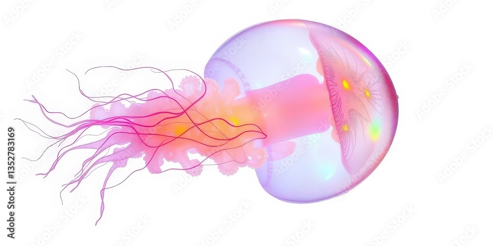 Translucent jellyfish with iridescent tentacles, vibrant colors against pure white background, macro, white background Translucent jellyfish with iridescent tentacles, vibrant colors against pure white background, macro, white background