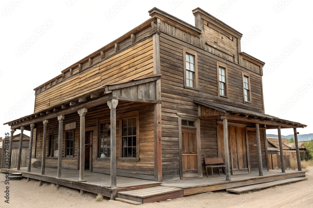 Old western wooden building with rustic facade, wild west style architecture, weathered wood texture Old western wooden building with rustic facade, wild west style architecture, weathered wood texture
