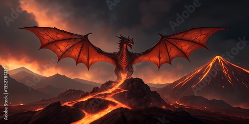 A majestic crimson dragon, guardian of a fiery volcanic landscape, surveys its fiery domain with powerful wings outstretched in a dramatic, intensely lit scene.