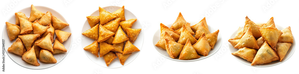 Four plates piled with golden triangular pastry snacks, tempting fried treats showcasing crispy, savory goodness, a delightful appetizer display, satisfying cravings. Four plates piled with golden triangular pastry snacks, tempting fried treats showcasing crispy, savory goodness, a delightful appetizer display, satisfying cravings.