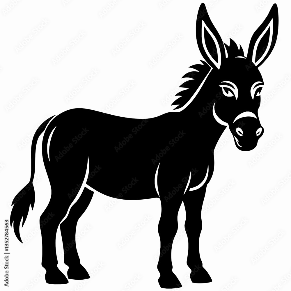 Black silhouette of a donkey standing against a white background Black silhouette of a donkey standing against a white background