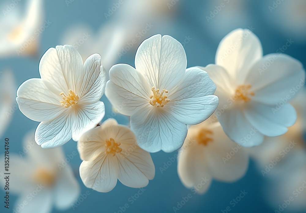 Fototapeta premium Delicate White Flowers with Yellow Centers Against a Soft Blue Background