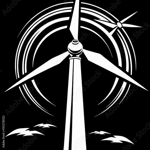 Wind turbine silhouette with spinning blades against black background  