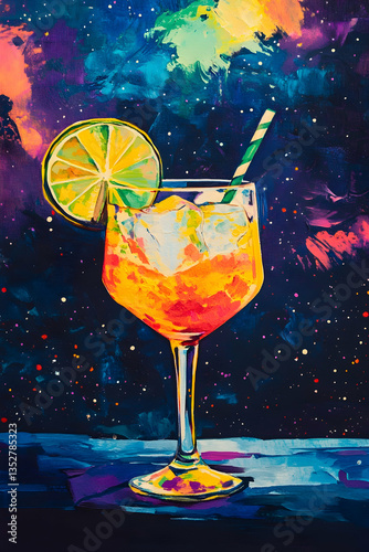 Vibrant colorful cocktail set beneath a starlit sky exudes energetic party vibes
