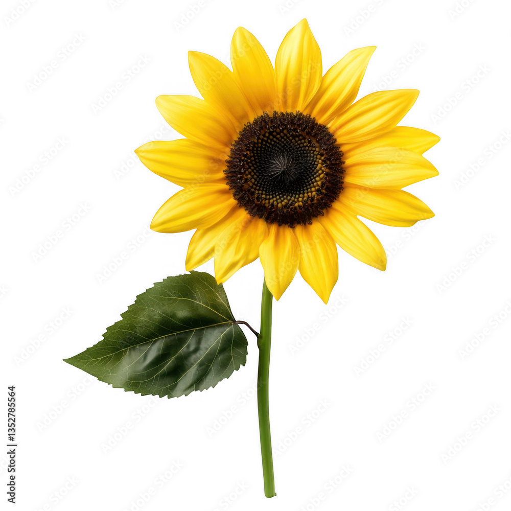 Obraz premium Bright sunflower with yellow petals and green leaves on a transparent background in a natural setting illustrating summer beauty