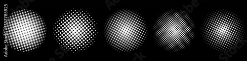 Set of backgrounds made of white halftone dots on a black background.