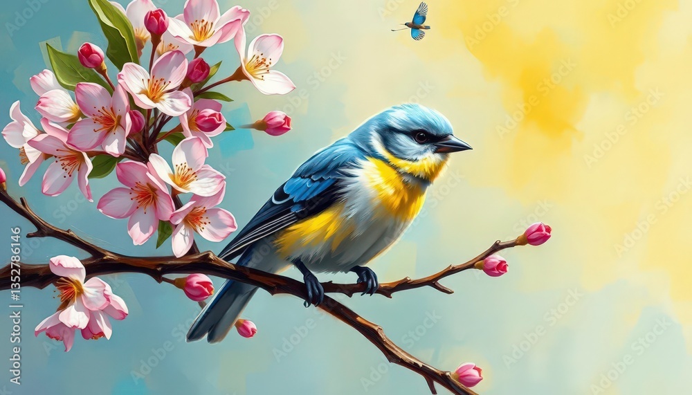 Obraz premium Vibrant impressionistic painting of a budgie perched on blossoming branch, shadow, australian budgie