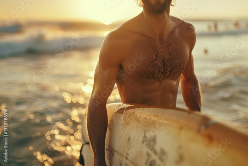 A man enjoys surfing at sunset, showcasing strength and adventure by the ocean waves.