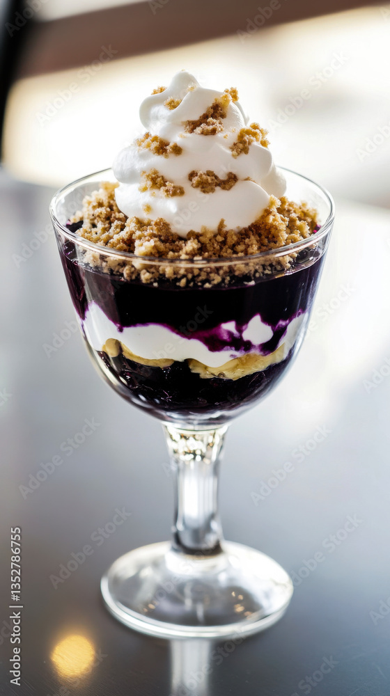 Delicious layers of dessert with creamy yogurt, berries, and granola served in a elegant glass