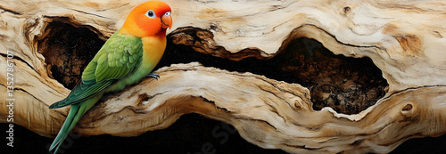 Vibrant lovebird with emerald feathers and an orange face perches on a weathered tree trunk, showcasing its beauty and symbolism of true and enduring love
