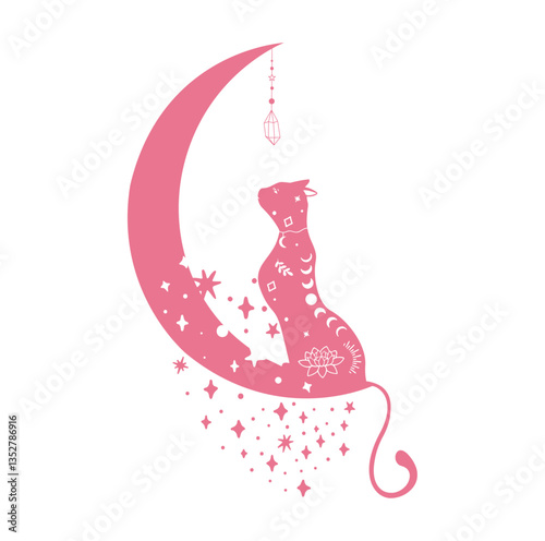 Celestial Dreamer: A pink illustration showcases a stylized feline gazing towards the celestial expanse, perched upon a crescent moon, with an intricate design featuring stars and moon phases.