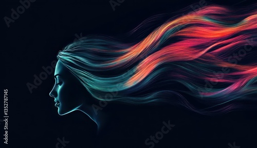 Womans Profile with Flowing Hair, and Dark Background.