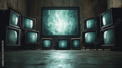 Retro TVs displaying cosmic nebula in dark room.