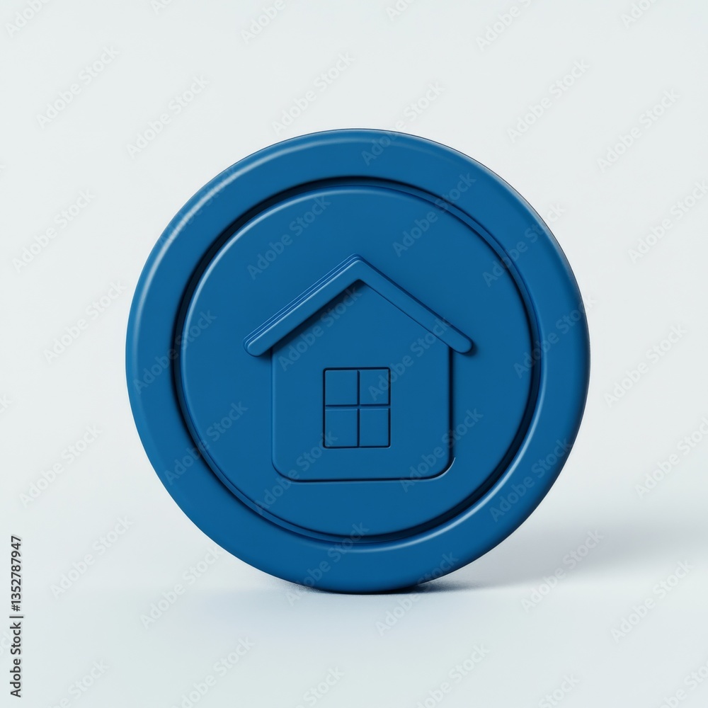 Blue Home Icon Button: 3D Render of a House Symbol Encased in a Round Badge Against a White Background