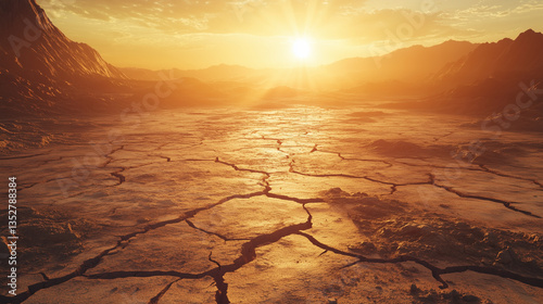 A cracked desert floor under a blazing sun, sunset in the desert, sunset over the desert, cracked earth in the desert, earth in the desert