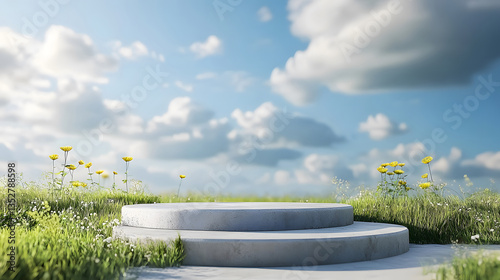 Product display podium. Empty gray platform in a field of grass with wildflowers under a cloudy blue sky. Concept for product presentation, nature-inspired design, and summer promotions
