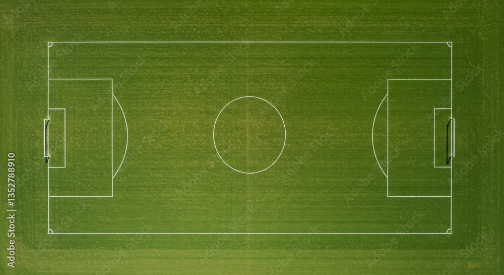 Obraz premium Aerial View of Soccer Field Green Grass Background - Overhead shot of a soccer field, symbolizing sport, competition, teamwork, strategy, and victory. Green grass texture