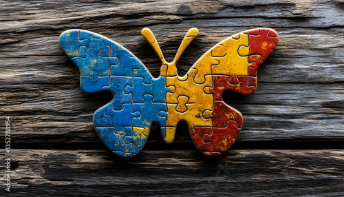Vibrant puzzle pieces forming a butterfly autistic symbol on a weathered wooden surface.