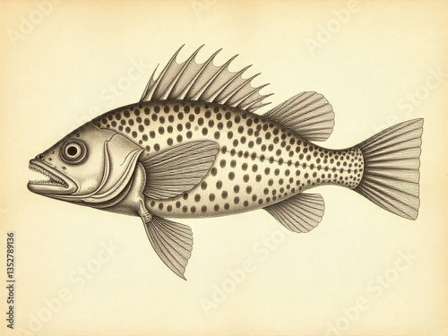 Vintage scientific illustration of a deep sea anglerfish with labeled anatomy, rendered in sepia ink on aged parchment in 19th-century naturalist style
