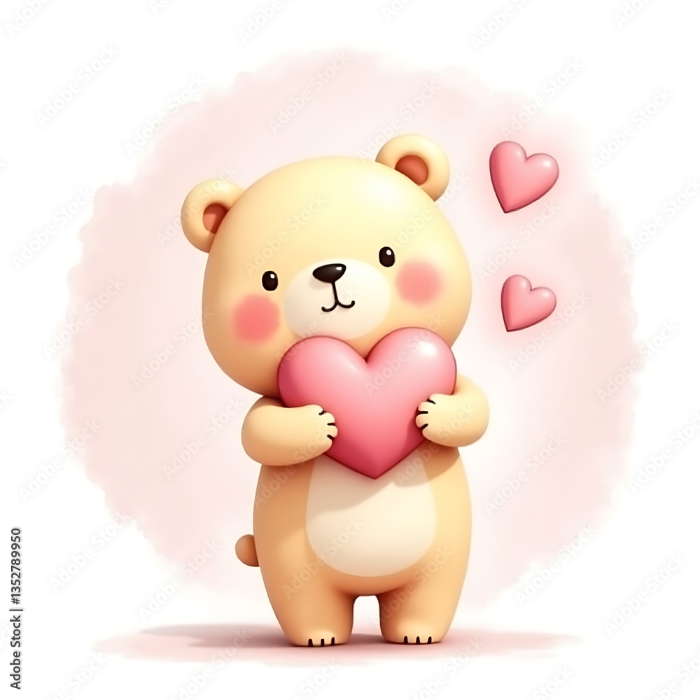Cute Cartoon Bear Holding Pink Heart on Soft Watercolor Circle Background With Generative AI Cute Cartoon Bear Holding Pink Heart on Soft Watercolor Circle Background With Generative AI