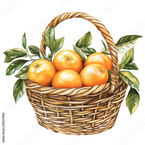 A watercolor vector painting of a chinotto basket, isolated on a white background. Chinotto basket vector.

