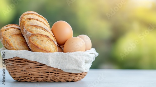 A basket filled with farm-fresh eggs rustic bread a delightful arrangement of wholesome ingredients on a rustic wooden table perfect for breakfast or brunch