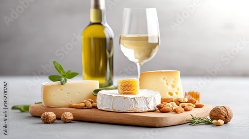 A beautifully arranged charcuterie board with featuring fine cheeses meats fruits and wine on a rustic wooden surface