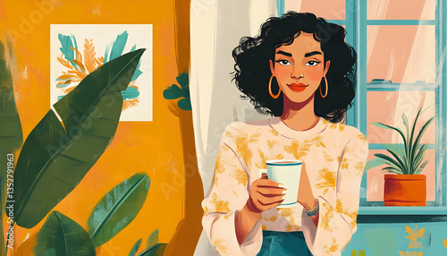 vintage 90s style illustration of a woman at home holding a cup of hot drink