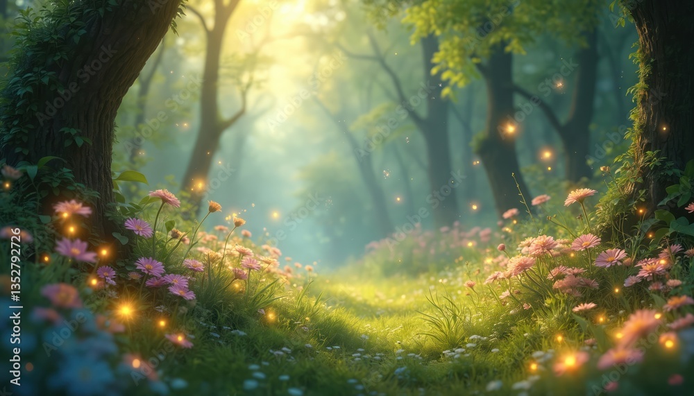 Enchanted forest clearing with blooming flowers, glowing fireflies. Sunlight filters through trees, creating magical scenery. Lush landscape, fairy tale environment, perfect for fantasy concepts. Enchanted forest clearing with blooming flowers, glowing fireflies. Sunlight filters through trees, creating magical scenery. Lush landscape, fairy tale environment, perfect for fantasy concepts.