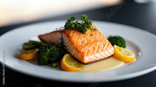 A beautifully plated farm-fresh salmon dish serve  with vibrant broccoli and garnishes on a rustic table