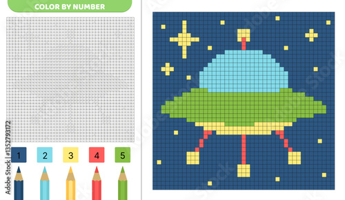 Color pixel by number. Flying saucer in space. Pixel coloring book. Numbered squares. Game for kids. Pixel art. Isolated vector illustration eps 10