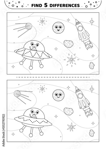 Find 5 differences. Black and white. Cosmic objects in space. Game for kids. Isolated vector illustration eps 10