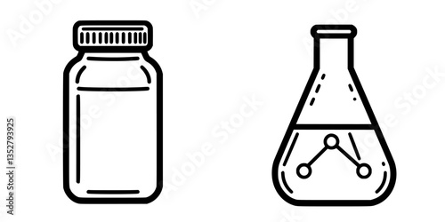 Research laboratory equipment including a jar and a flask with laboratory samples in a scientific setting