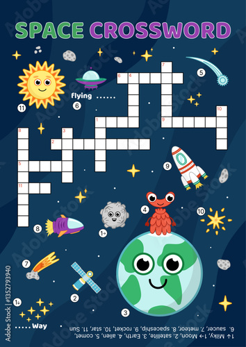 Space crossword. English words. Planets and UFO Educational puzzle game for kids. Cartoon. Isolated vector illustration eps 10