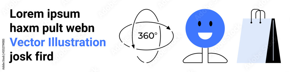 Fototapeta premium Blue smiling face with simple lines, rotating 360-degree arrow, and shopping bag, emphasizing digital interaction, marketing, retail, technology, user interfaces and e-commerce. Ideal for simple