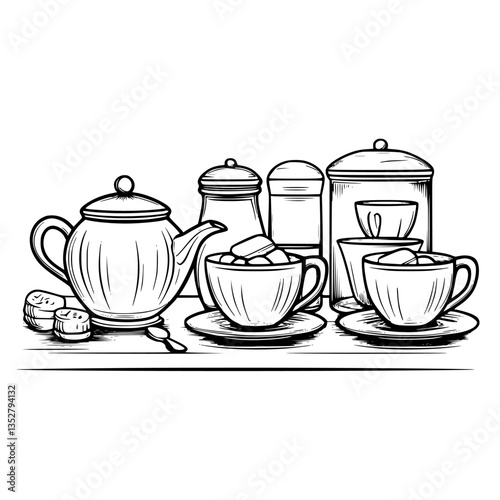 Teapot and cups arranged on a table with sugar and cream containers during afternoon tea