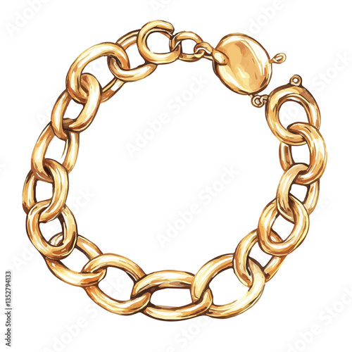 A watercolor vector painting of a classic gold chain bracelet with traditional charm, isolated on a white background. Classic gold chain bracelet vector.

