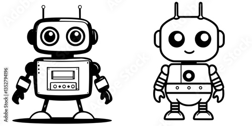 Two cheerful robot characters displayed in a playful design style, showcasing contrasting features and expressions