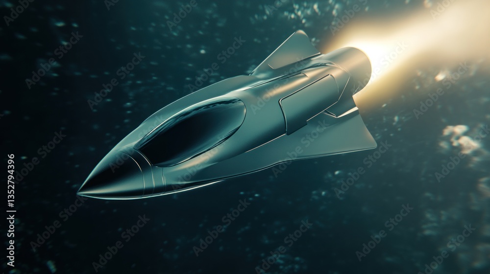 Fototapeta premium Futuristic Rocket Launching into Space with Bright Exhaust Flame