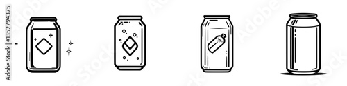 Variety of illustrated beverage cans showcasing different designs and labels in a minimalist style